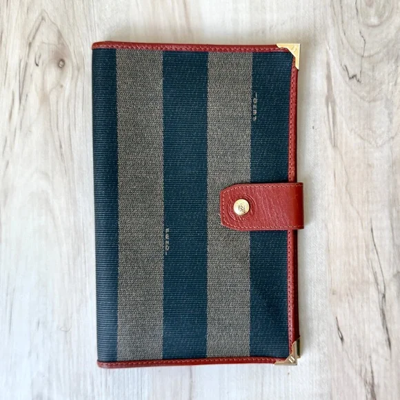 Authentic Vintage Fendi Pequin Pattern Pecan Leather-Trim Snap Wallet - Picture 2 of 6